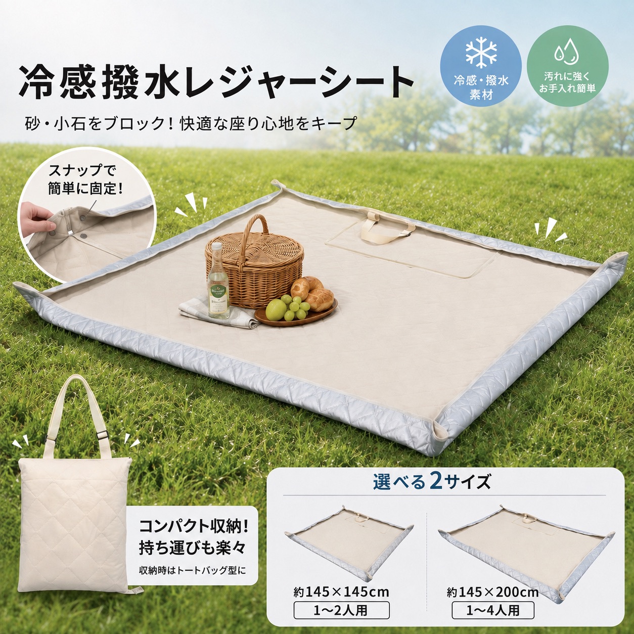 レジャーシート 二人 大判 海 おしゃれ 大きい 厚手 クッション プール 2人 二人用 フチが自立する冷感撥水レジャーシート　ベージュ　145x145cm