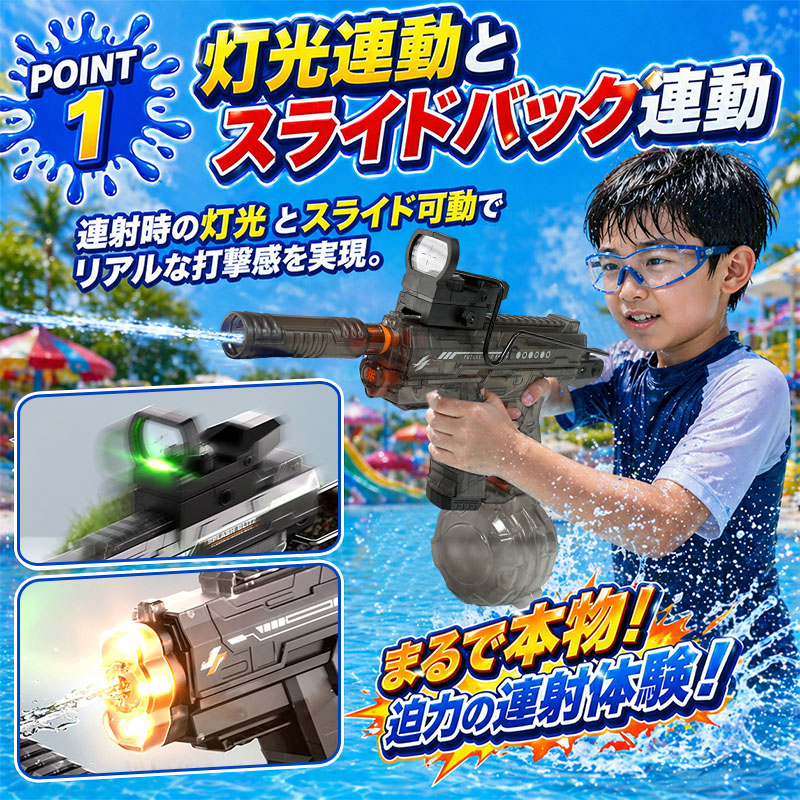 水鉄砲 電動水鉄砲 連射式 電動ウォーターガン 水遊び おもちゃLED灯光噴火バージョン ブローバック機能 800ML貯水タンク 超強力飛距離 10m 大人 子供 夏の定番の画像