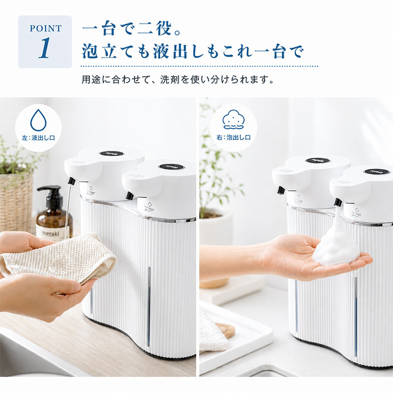 ソープディスペンサー 自動 液体+泡 ダブルヘ...の詳細画像2