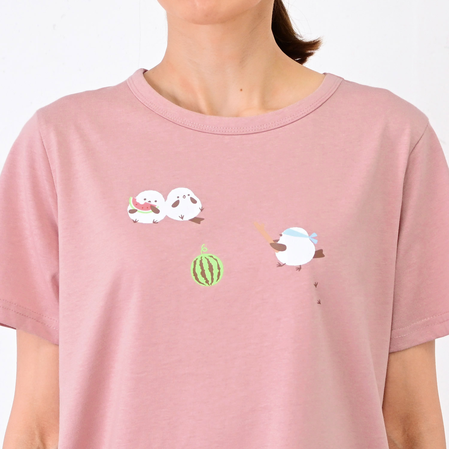 スイカ割りシマエナガ冷感Tシャツ 綿100％ 半袖 レディース : レディ