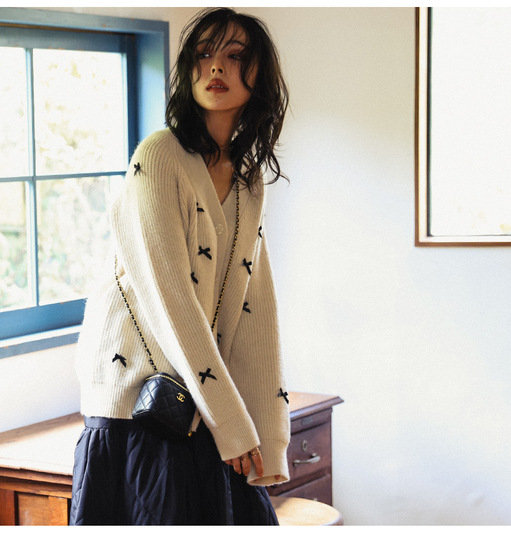 カーディガン ニット リボン リブニット ガーリー Vネック 【lsot304