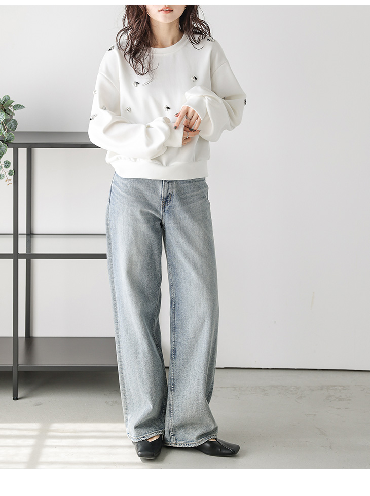 パール ビジュー ポンチ素材 プルオーバー 大人カジュアル ぽわん袖  2025春夏新作【lstpss25-1079】【即納：1-5営業日】【送料無料】メ込2 パール ビジュー ポンチ素材 プルオーバー 大人カジュアル ぽ
