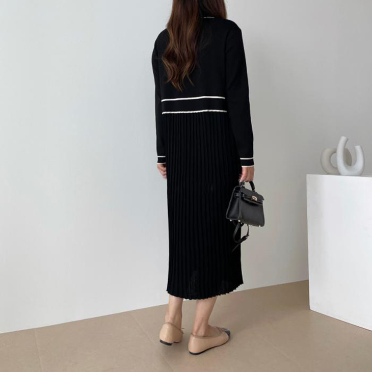 配色ワンピース プリーツワンピース バイカラー 裾 プリーツ