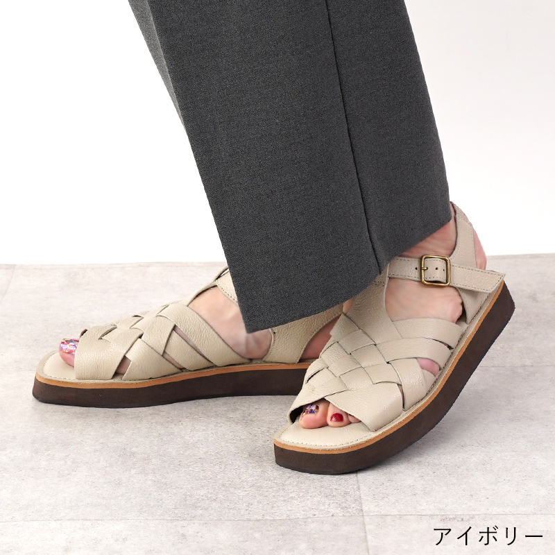 本革 サンダル 編みこみ 2.5cmヒール レザー グルカ レディース