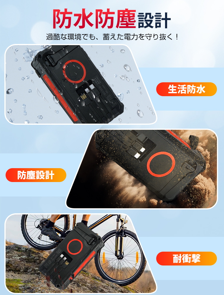 防災対策 モバイルバッテリー 大容量 20000mAh 手回し ケーブル内蔵