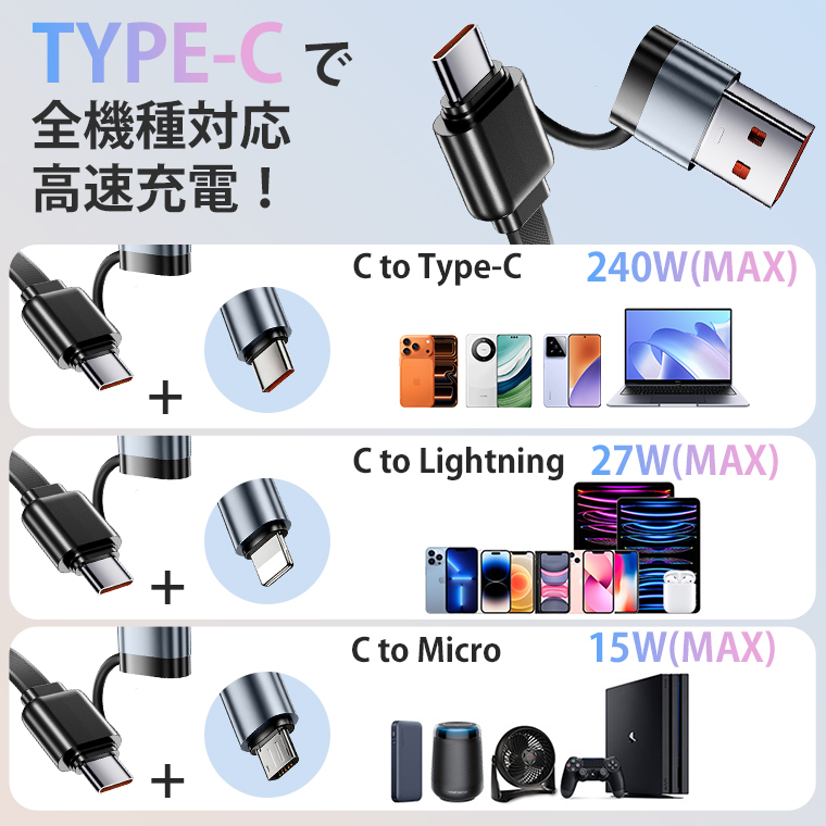 6in1 ケーブル 巻き取り 240W 急速充電 iPhone 充電ケーブル 120cm Type-C to Type-C ライトニングケーブル タイプCケーブル Lightning micro Android |  | 08