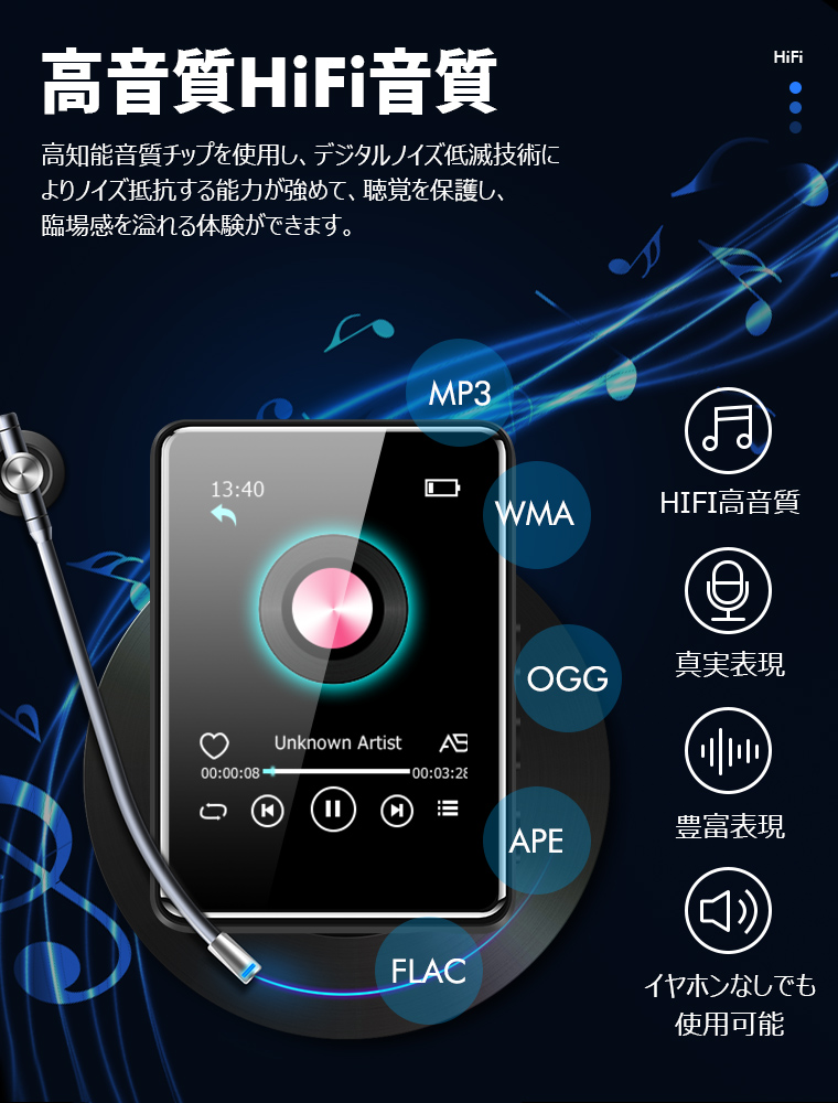 MP3プレーヤー Bluetooth5.1 スピーカー内蔵 2.4インチ大画面 音楽プレーヤー 軽量 4GB内蔵 最大128GBまで拡張可能 父の日