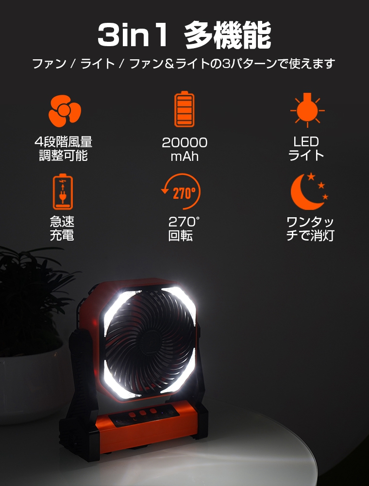 扇風機 アウトドア ファン サーキュレーター ledランタン 20000mAh 大