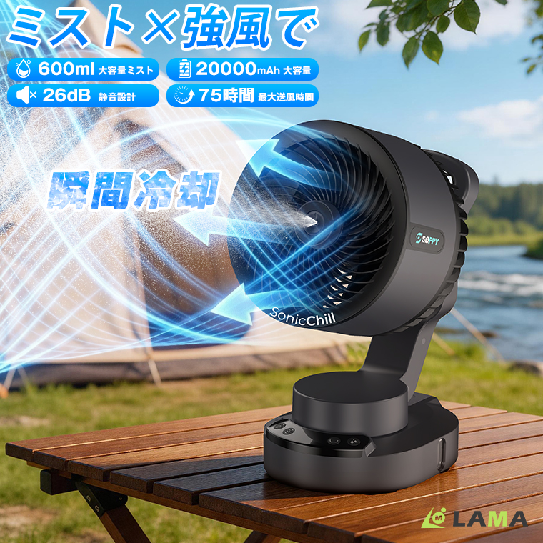 ミストx強風x冷却／ 扇風機 首振り 20000mAh ミストファン 最大75