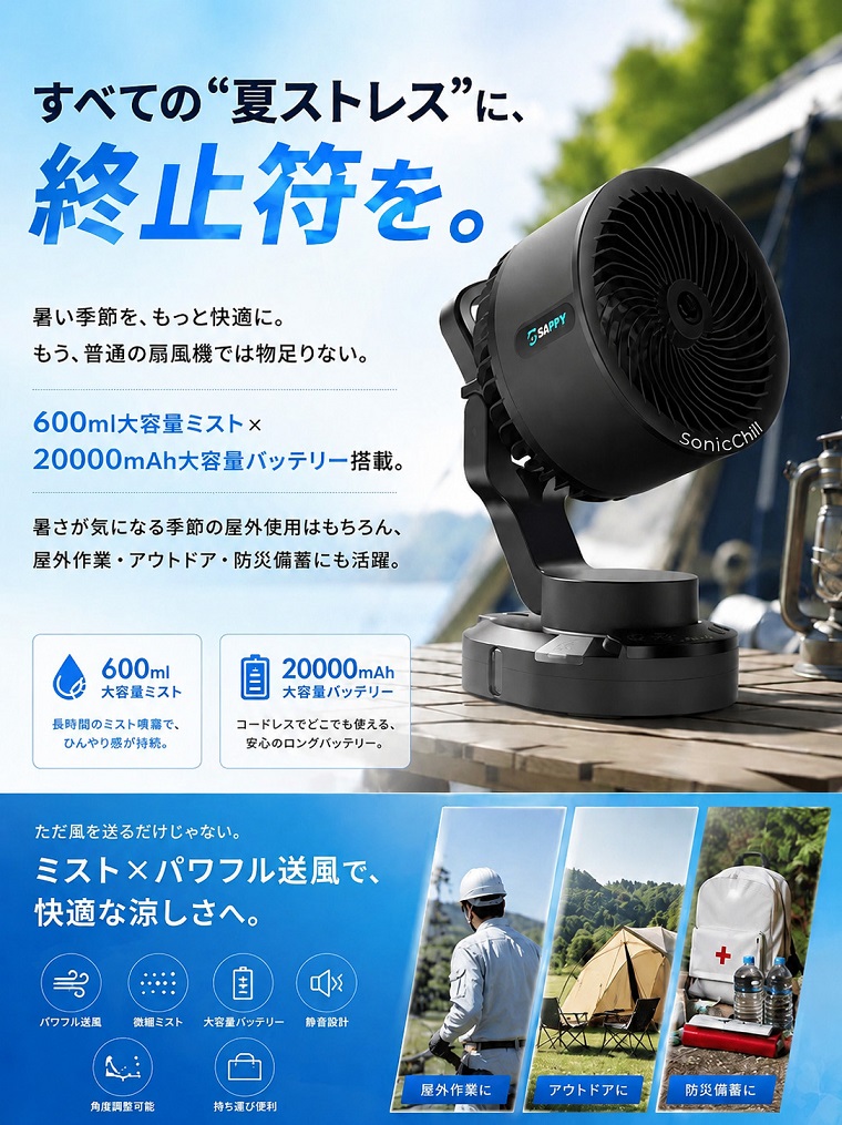＼ミストｘ強風ｘ冷却／ 扇風機 首振り 20000mAh ミストファン 最大75時間稼働 卓上扇風機 キャンプ リビングファン アウトドア 熱中症対策 防災車中泊 PSE | ブランド登録なし | 03