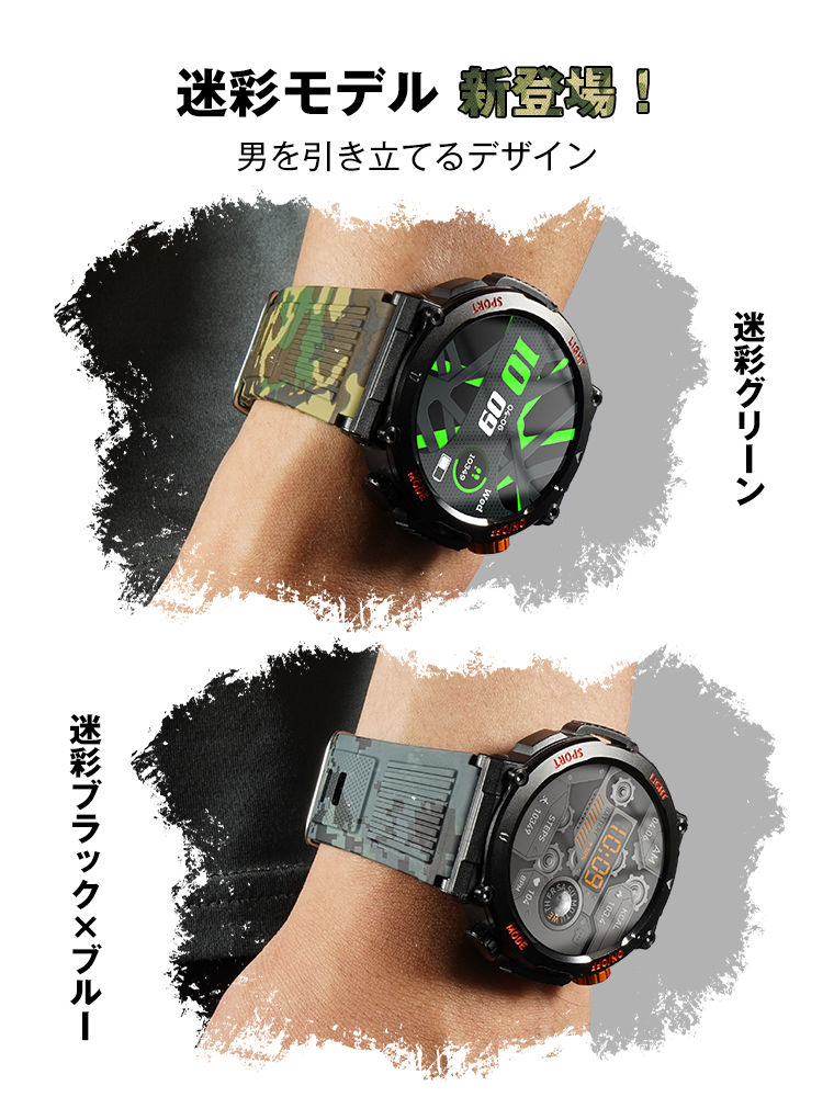 P5倍 スマートウォッチ 軍用規格 健康管理 血中酸素心拍数 Bluetooth