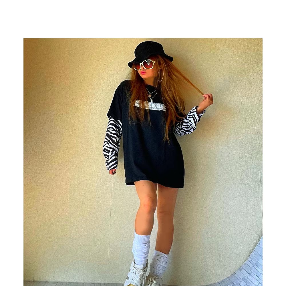 送料無料】ロングTシャツ 長袖 ゼブラ柄袖 ドッキング カットソー