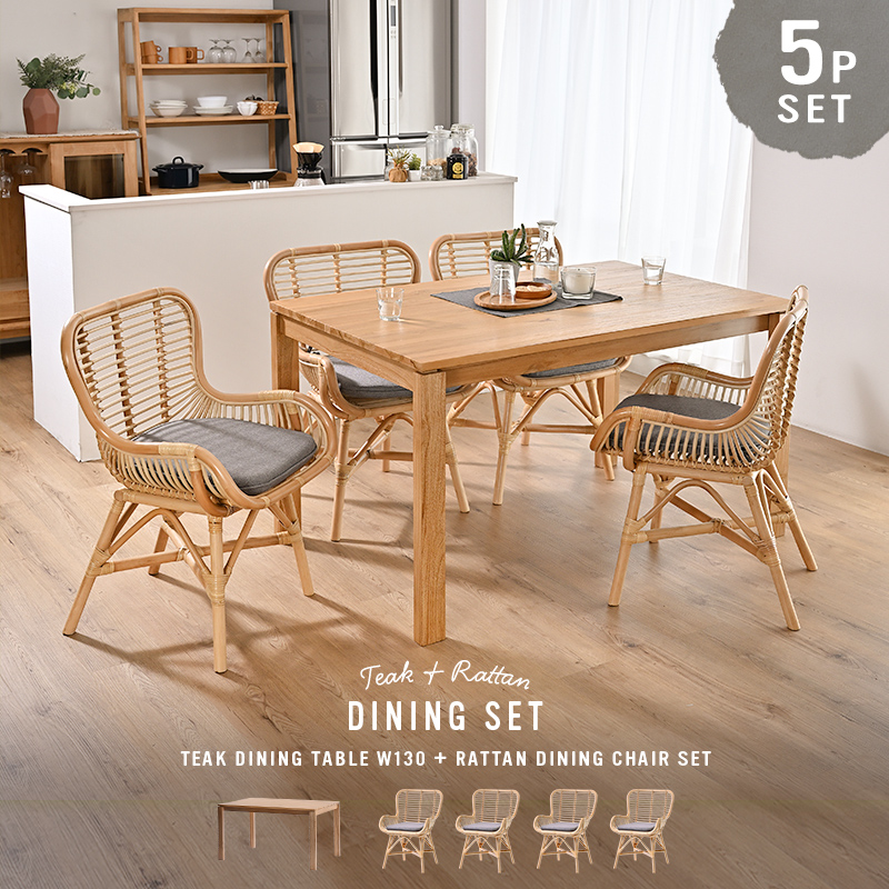 アジアン家具 ダイニング5点セット 4人用 テーブル130cm角 T313X360K4