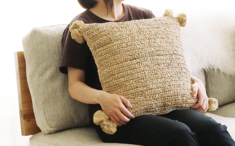アウトレット ポンポンフリンジ ラフィア クッションカバー 45cm