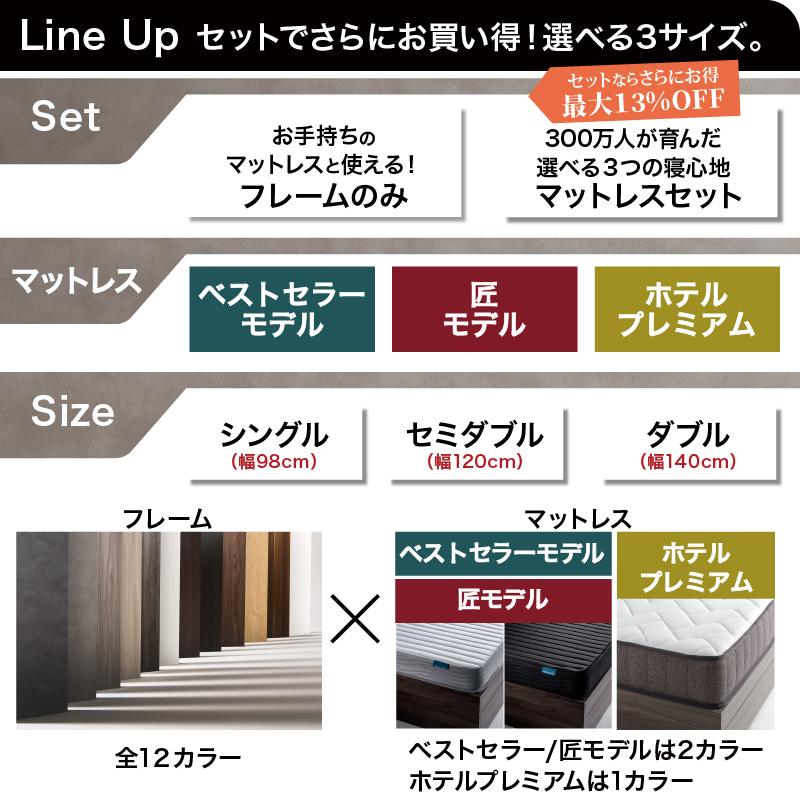 ベッド セミダブル ベット セミダブルベッド 匠 マットレス付き 収納