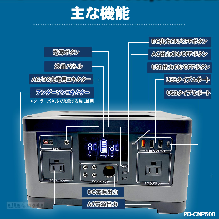 ポータブル電源 大容量 コンパクト 防災 車内拍 ミムゴ : pd-cnp500