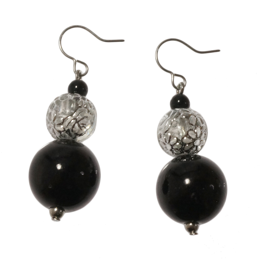 ピアス 丸 ラウンド 大中小 3連 フラワー 花 ストライプ ブラック