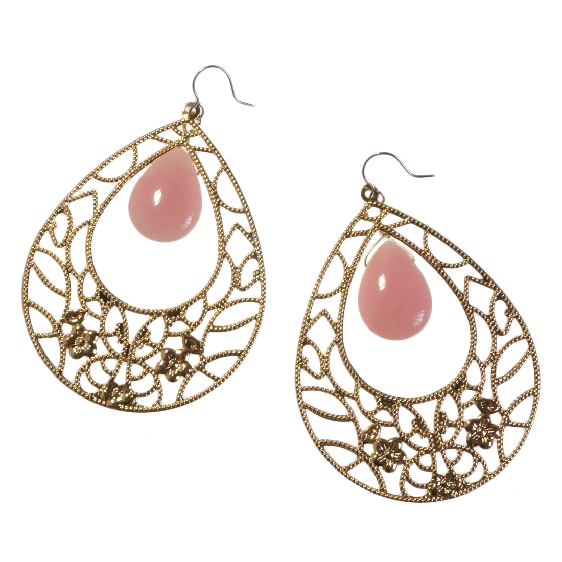 ピアス ドロップ 雫型 しずく 透かしパーツ フラワー 花 カラフル