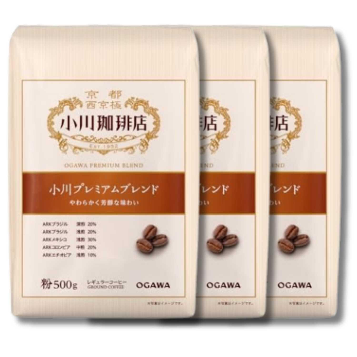 小川珈琲 3個セット 小川珈琲店 小川プレミアムブレンド 粉 500g