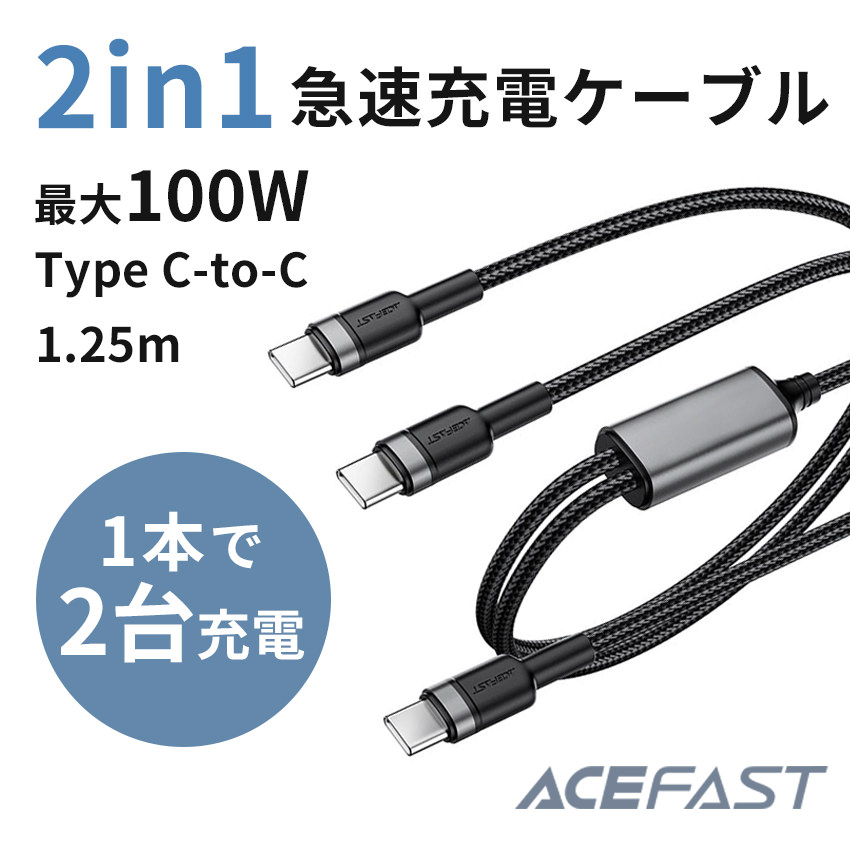 AceFast 2in1 充電ケーブル 1.25m 2台同時充電 TypeC 急速充電 100W