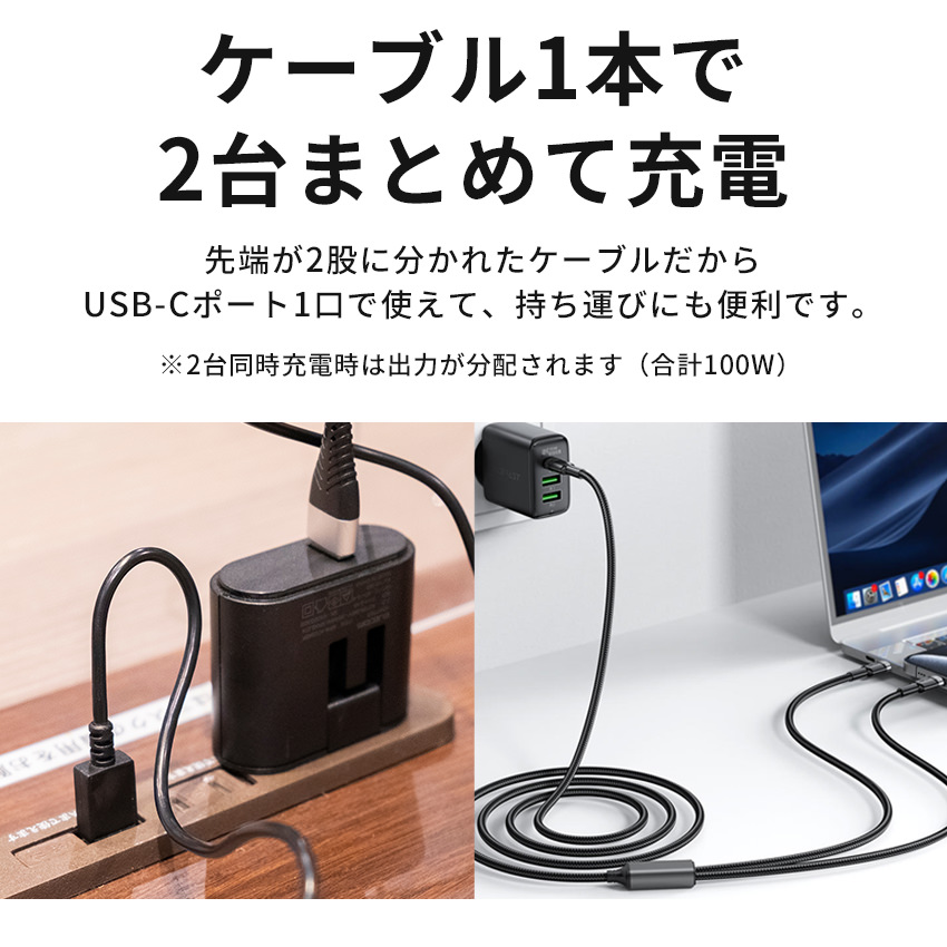 AceFast 2in1 充電ケーブル 1.25m 2台同時充電 TypeC 急速充電 100W 