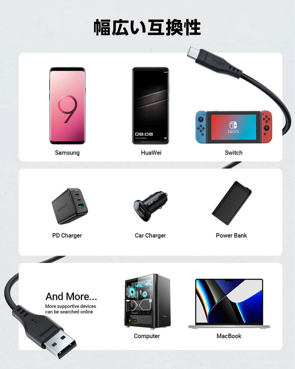 AceFast ブランド  充電ケーブル 1.2m USB TypeC TypeA USB-C タイプC USB-A タイプA 黒 白 高耐久 データ転送 高速充電 ケーブル C3-04 iPhone17 |  | 03