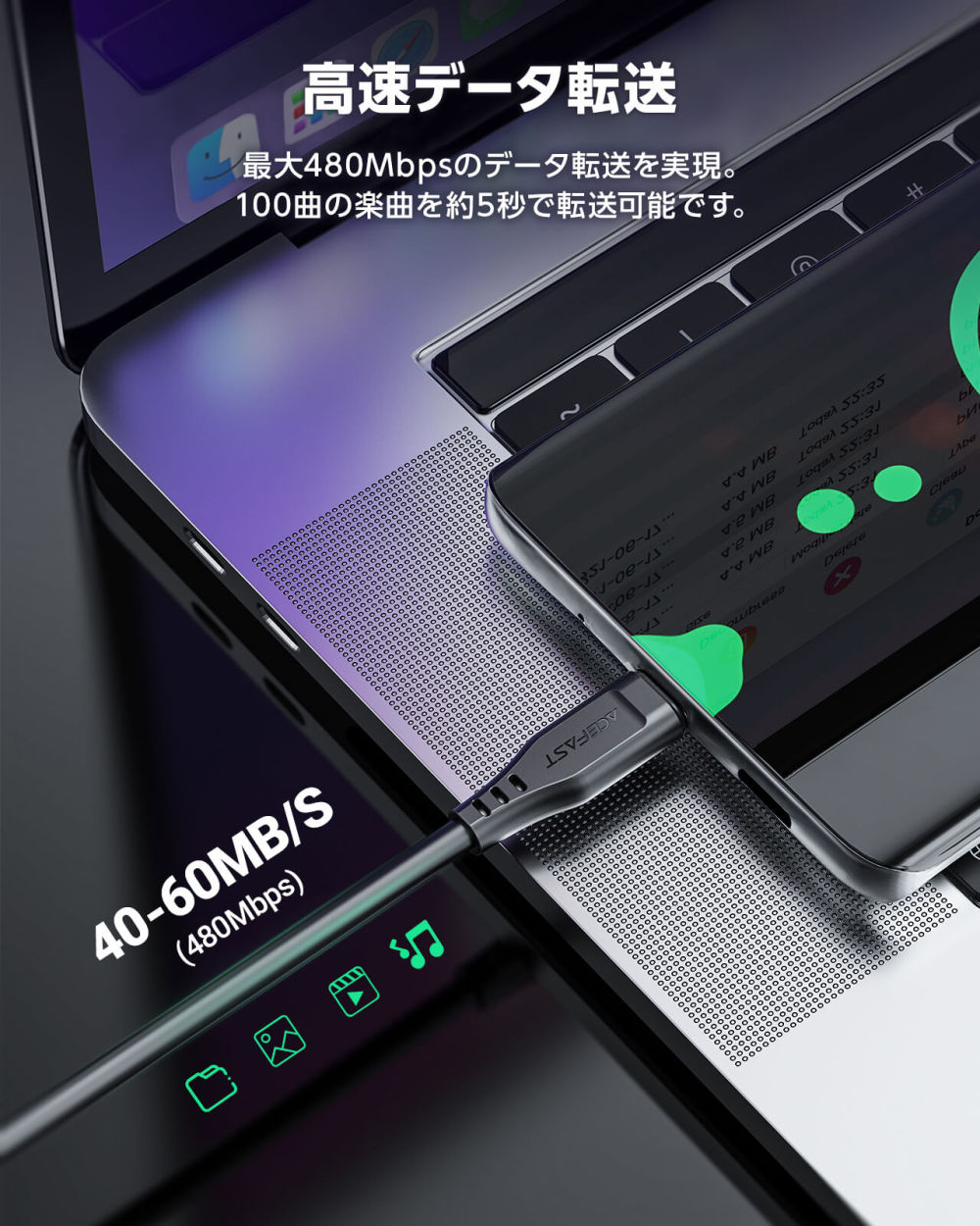 AceFast ブランド  充電ケーブル 1.2m USB TypeC TypeA USB-C タイプC USB-A タイプA 黒 白 高耐久 データ転送 高速充電 ケーブル C3-04 iPhone17 |  | 07