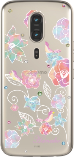 名入れ♡ムーンスティック✨フラワー花柄 キラキラ☆惑星 レインボー iPhone らくらくスマートフォン F-53E らふら 名入れ スマホケース ライン