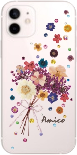 iPhone12 ケース アイフォン12 カバー ラインストーン かわいい フラワー 花柄 らふら 名入れ 押し花風 フラワーアレンジ｜laugh-life｜05