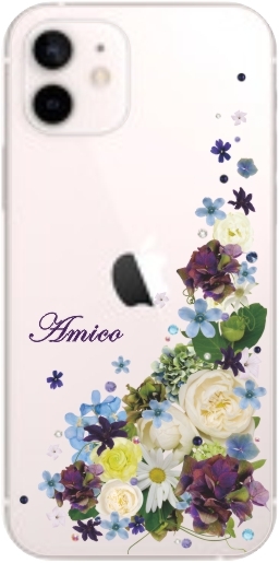 iPhone12 Mini ケース アイフォン12ミニ カバー ラインストーン かわいい フラワー 花柄 らふら 名入れ 押し花風 クレシェンドフラワー｜laugh-life｜15