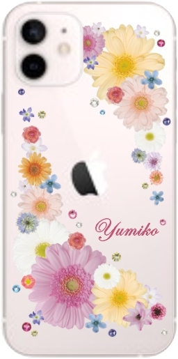 iPhone12 Mini ケース アイフォン12ミニ カバー ラインストーン かわいい フラワー 花柄 らふら 名入れ 押し花風 ウィンドーフラワー｜laugh-life｜12