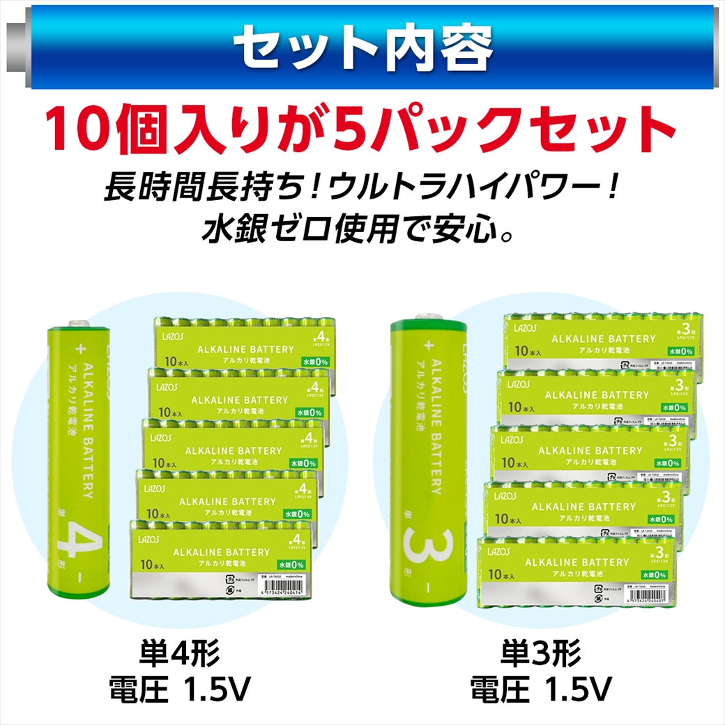 アルカリ乾電池 単3形 単4形 50本 セット 単3電池 単４電池 ゲーム 懐中電灯 パックセット