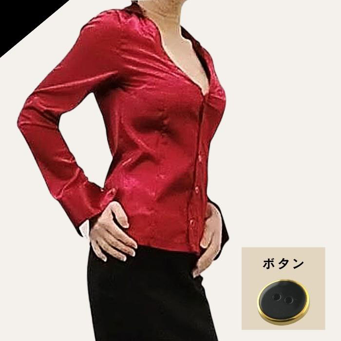 Sサイズ 細身サイズ 究極深Vネック ストレッチサテン オフィス レディース  サテンブラウス 光沢 透けるブラウス OL 秘書 制服 衣装 Made in Japan Sサイズ 細身サイズ 究極深Vネック ストレッチサテン オフィス