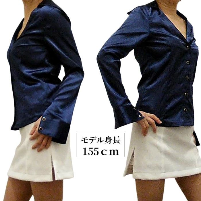 Mサイズ Lサイズ 究極深Vネック ストレッチサテン オフィス レディース  サテンブラウス 光沢 透けるブラウス OL 秘書 制服 衣装 Made in Japan Mサイズ Lサイズ 究極深Vネック ストレッチサテン オフィス
