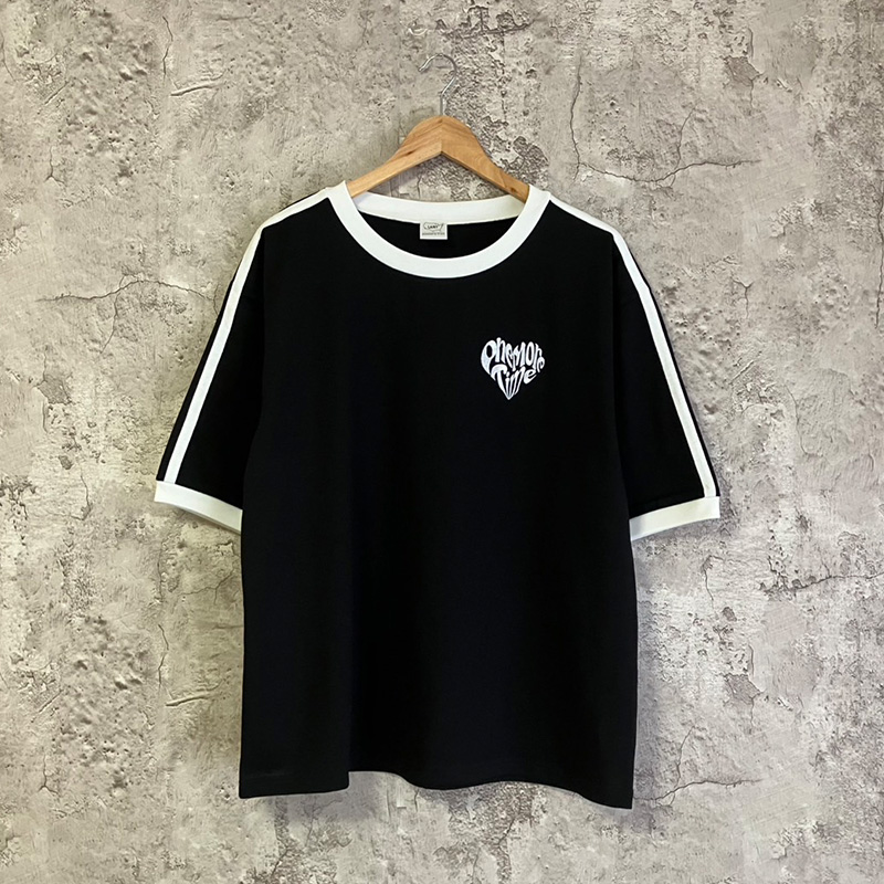 袖ライン 五分袖Tシャツ トリムTシャツ ハートロゴ刺繍 半袖