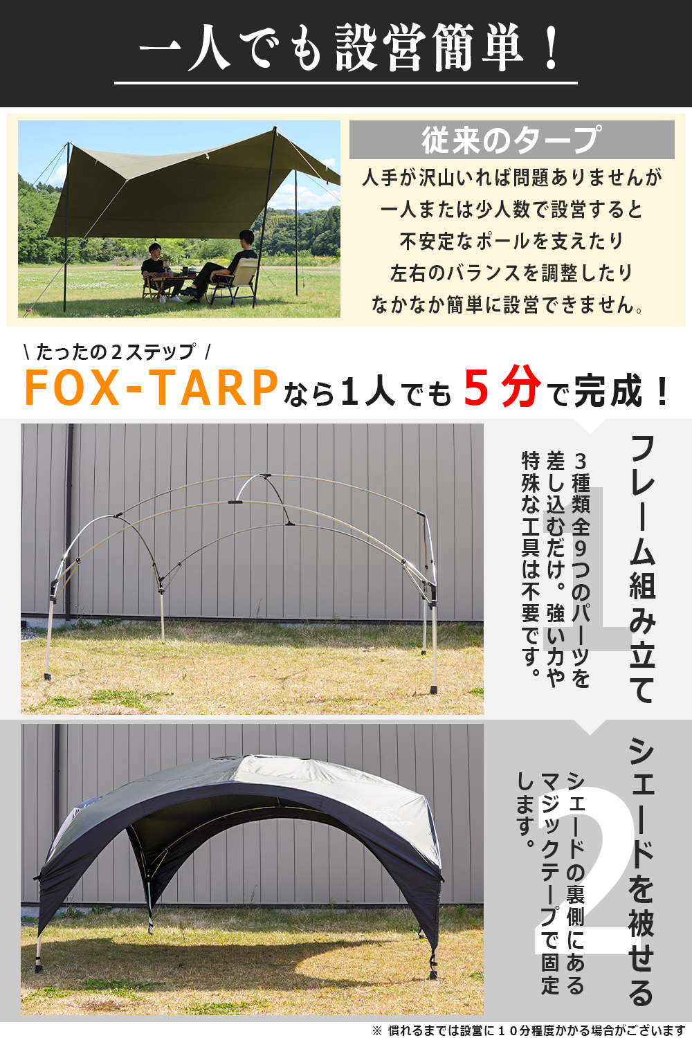 FUTURE FOX FOX-TARP 自立式タープ ポリエステル 自立式 タープ 二段階高さ調節可能 耐水圧2000mm UVカット【南信州発アウトドアブランド】