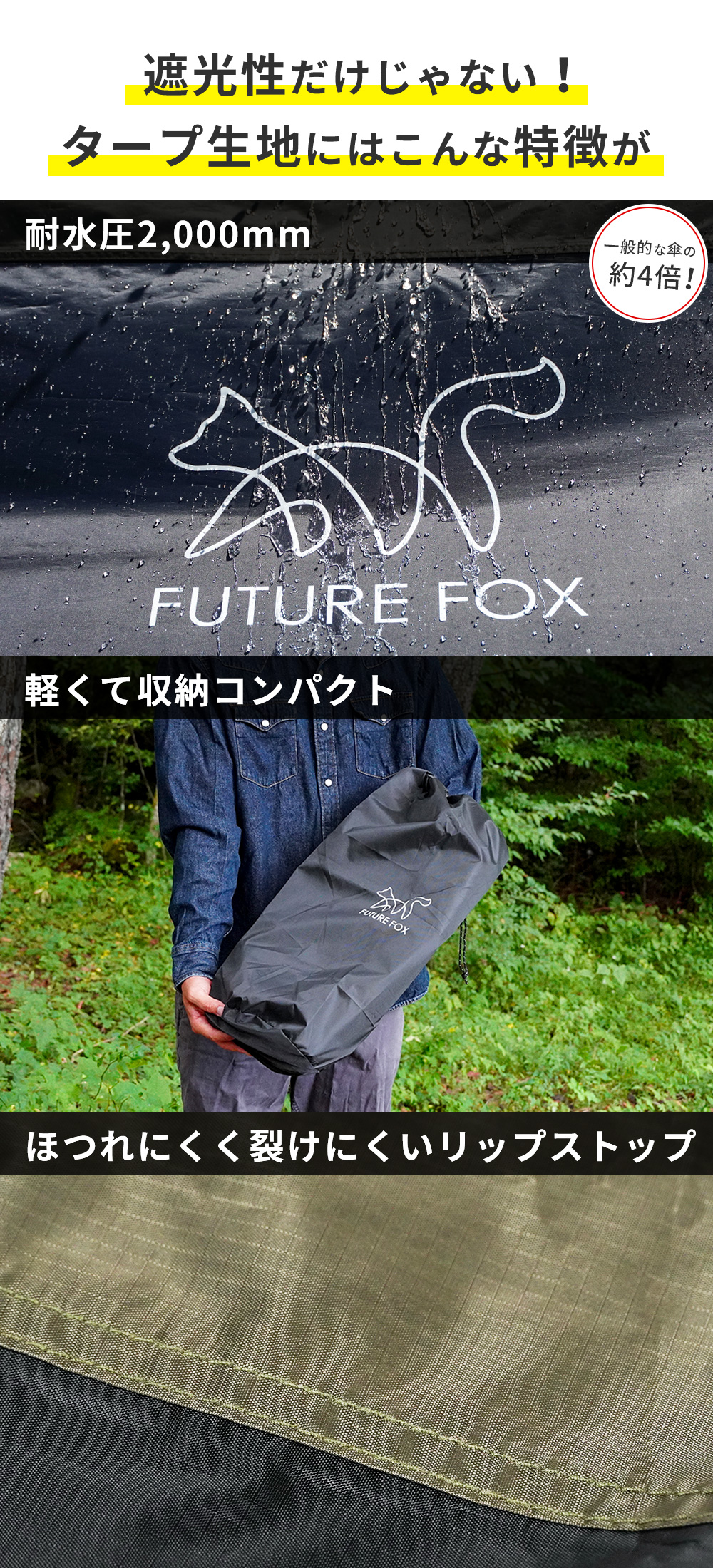 FUTURE FOX ポリエステル スクエアタープ 4m×4m ブラックコーティング 遮光率90% UPF50+