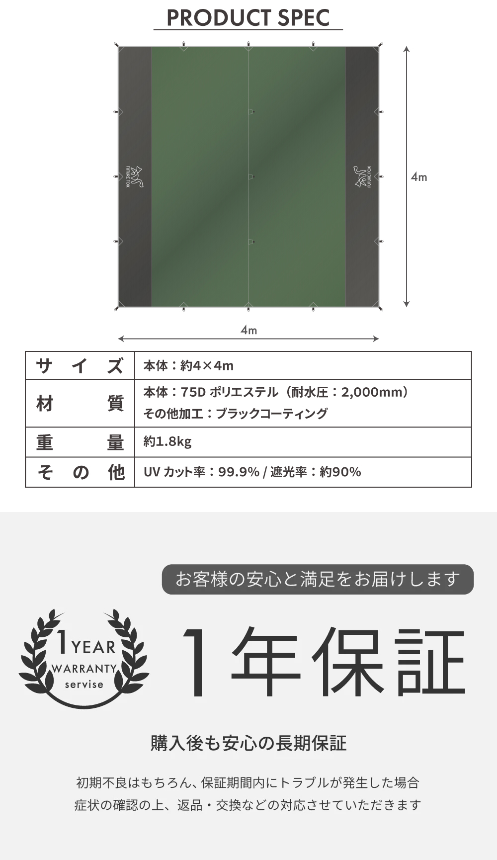 FUTURE FOX ポリエステル スクエアタープ 4m×4m ブラックコーティング 遮光率90% UPF50+