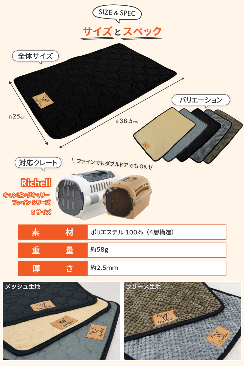 Nyan's Wan's クレートマット Richell(リッチェル) キャンピングキャリー ファイン シリーズ Sサイズ 対応