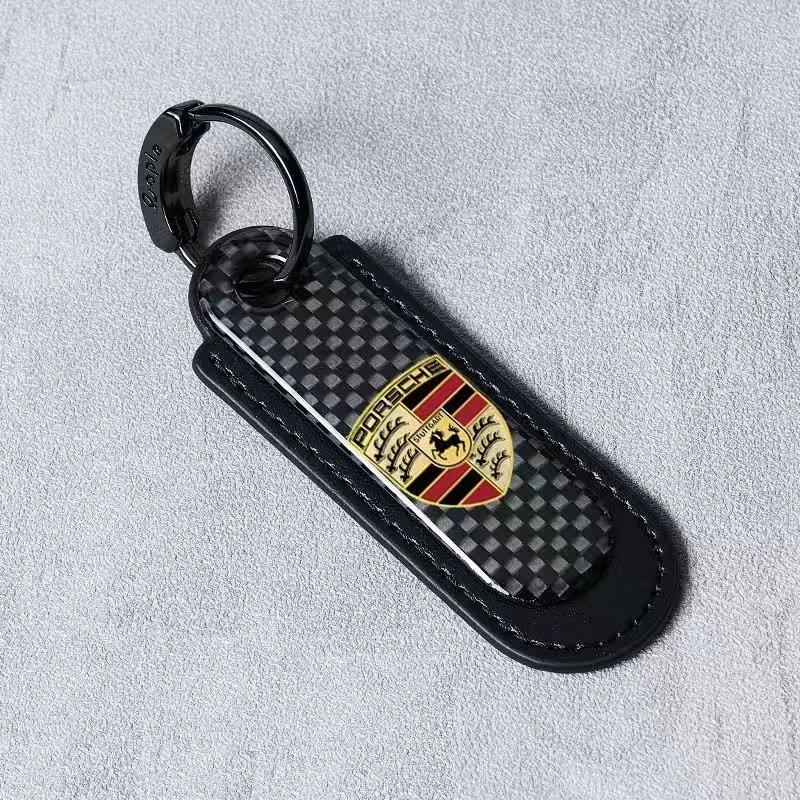 ポルシェ Porsche キーリング キーホルダー キータグ ポルシェ カーボンキーホルダー 本革レザー 車のキーチェーン 車