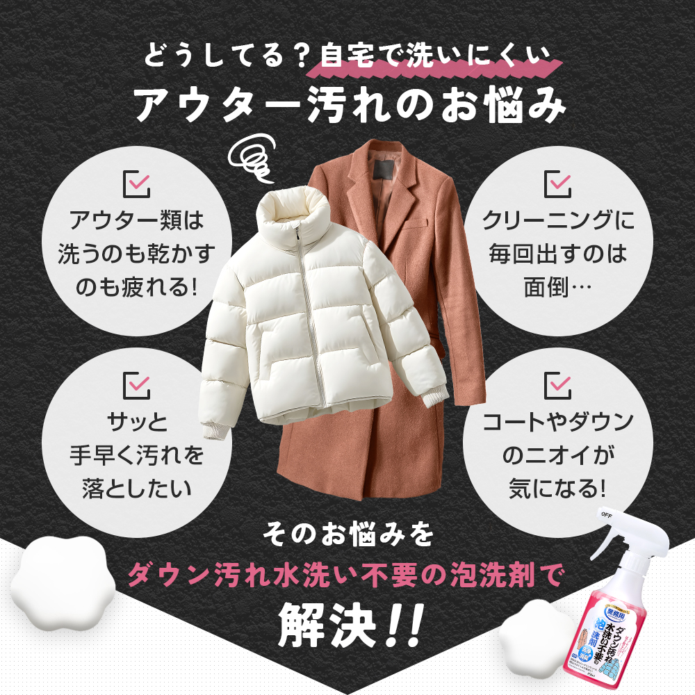 ダウン汚れ水洗い不要の泡洗剤