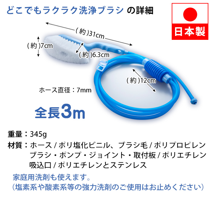 どこでもラクラク 洗浄ブラシ 日本製 ベランダ 水栓なし 水道がない 掃除 ホース ブラシ付き 網戸 排水溝 サッシ 窓ガラス タイヤ 玄関 墓石 掃除用ブラシ 掃除道具 エコ 節水 賃貸 マンション
