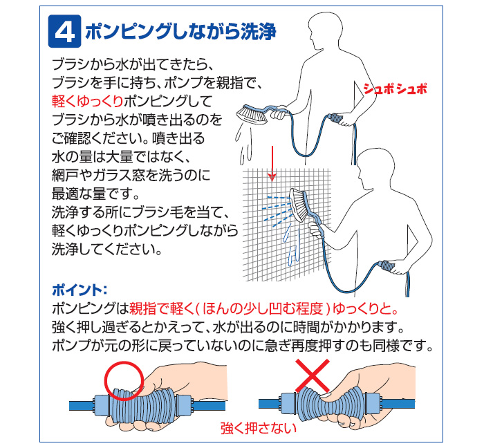 どこでもラクラク 洗浄ブラシ 日本製 ベランダ 水栓なし 水道がない 掃除 ホース ブラシ付き 網戸 排水溝 サッシ 窓ガラス タイヤ 玄関 墓石 掃除用ブラシ 掃除道具 エコ 節水 賃貸 マンション