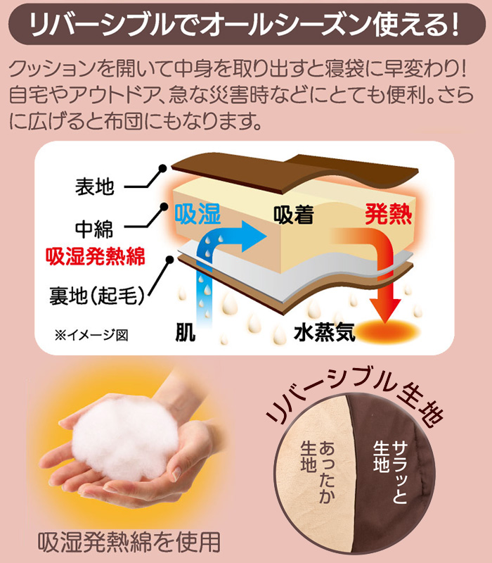 HOTアルファリバーシブルあったか寝袋クッション