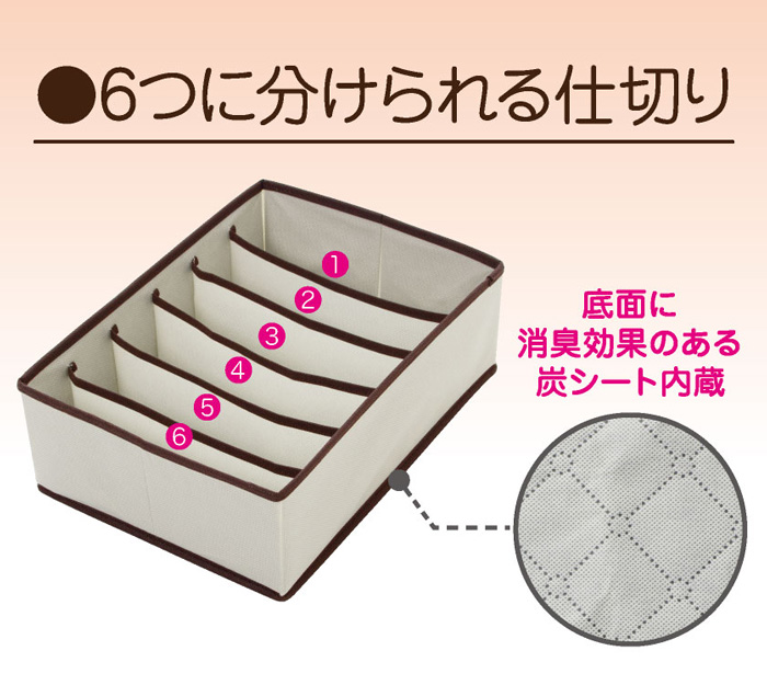 炭消臭 仕切り 収納ボックス 6ポケット 衣類 下着 収納 ケース Yシャツ
