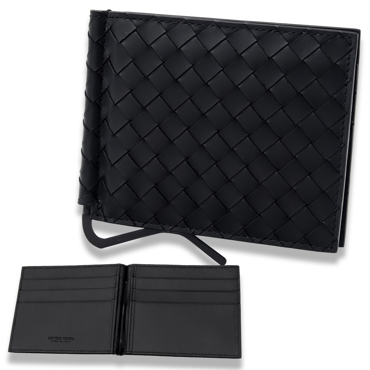 BOTTEGA VENETA 黒レザー編み込み二つ折り財布　美品 bottegaveneta】ブラックレザー二つ折り財布 編み込みデザイン