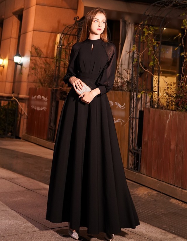 パーティードレス ロングドレス 黒 袖あり 結婚式 お呼ばれ ドレス