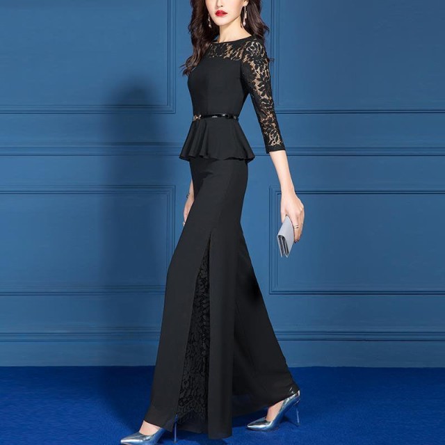一部即納 パンツドレス かっこいい セットアップ 結婚式 お呼ばれドレス パーティードレス 袖あり レディース ペプラムトップス 黒 大きいサイズ  3L 4L 韓国