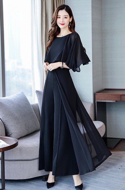 [一部即納] パンツドレス 結婚式 お呼ばれドレス 黒 韓国 パーティードレス セットアップ フォーマル シフォン ワイドパンツ 上品 大きいサイズ  3L