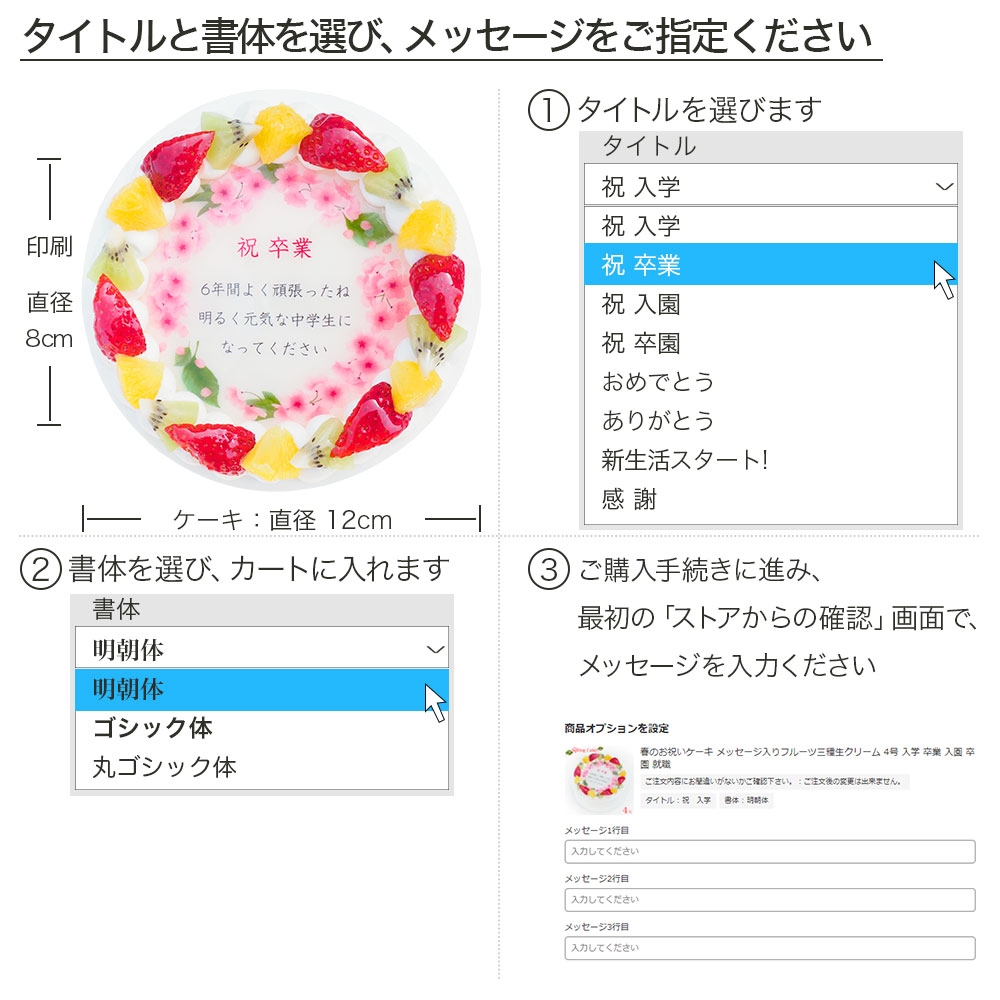 春のお祝いケーキ メッセージプリント フレッシュ生クリームのフルーツデコレーションケーキ